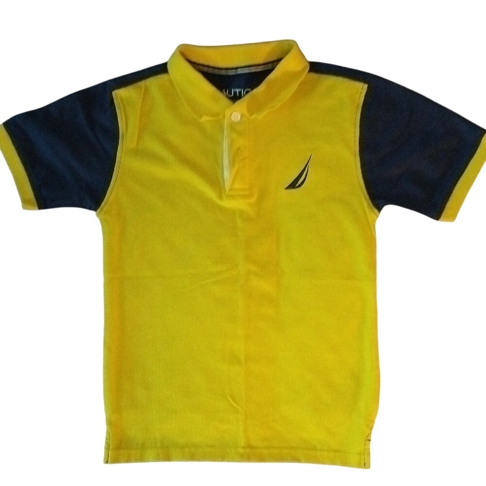 Nautica Kids Short Sleeve Yellow Blue Color Block Polo Shirt Logo Size 6/7‎